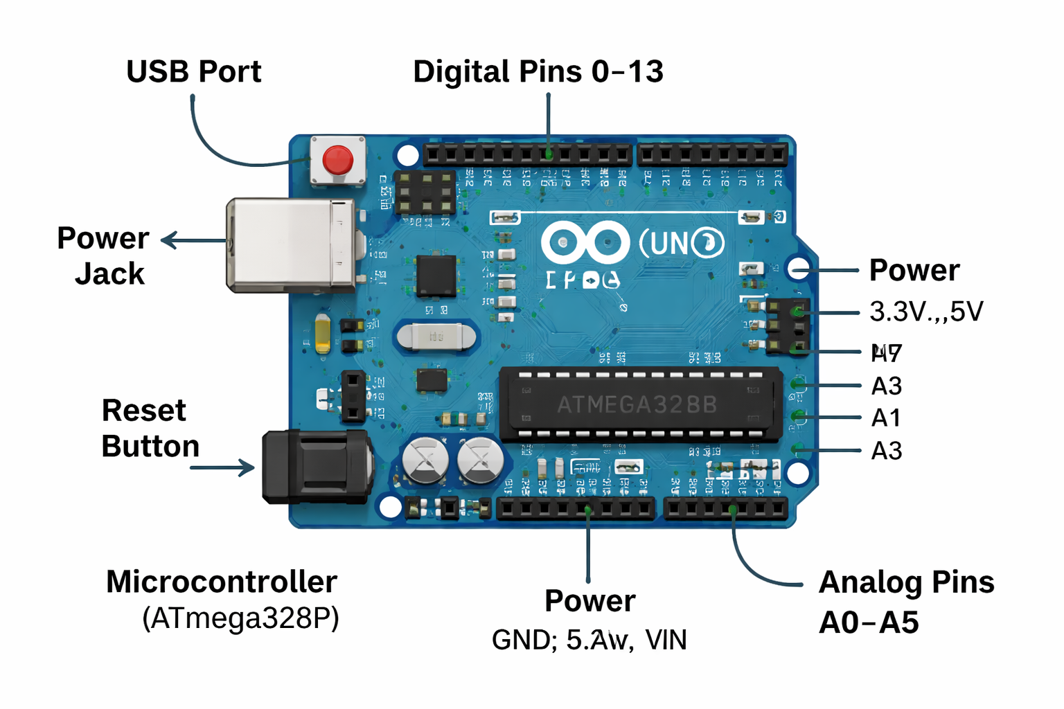 Arduino Uno board labeled diagram